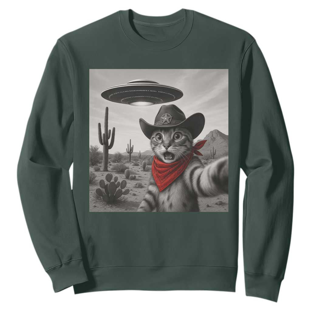 Vintage UFO Cowboy Cat Sweatshirt Retro 90s Western Rodeo Kitten Cat Selfie With Alien UFO TS10 Dark Forest Green Print Your Wear