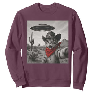 Vintage UFO Cowboy Cat Sweatshirt Retro 90s Western Rodeo Kitten Cat Selfie With Alien UFO TS10 Maroon Print Your Wear