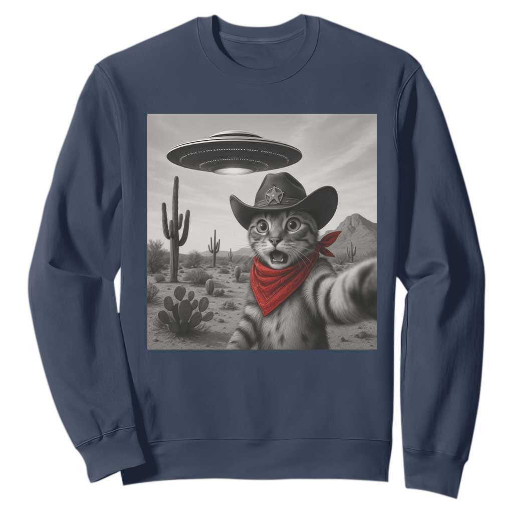 Vintage UFO Cowboy Cat Sweatshirt Retro 90s Western Rodeo Kitten Cat Selfie With Alien UFO TS10 Navy Print Your Wear