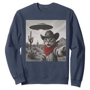 Vintage UFO Cowboy Cat Sweatshirt Retro 90s Western Rodeo Kitten Cat Selfie With Alien UFO TS10 Navy Print Your Wear