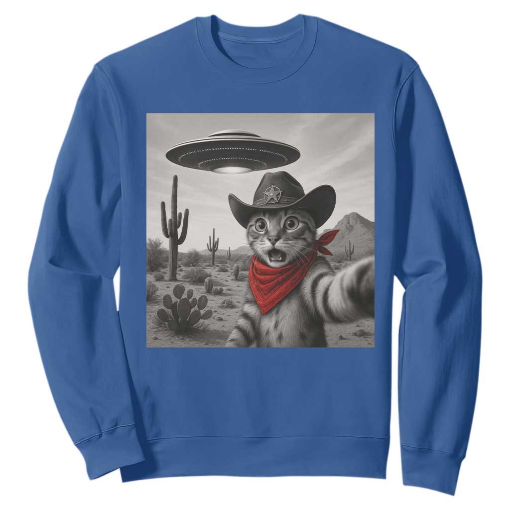 Vintage UFO Cowboy Cat Sweatshirt Retro 90s Western Rodeo Kitten Cat Selfie With Alien UFO TS10 Royal Blue Print Your Wear