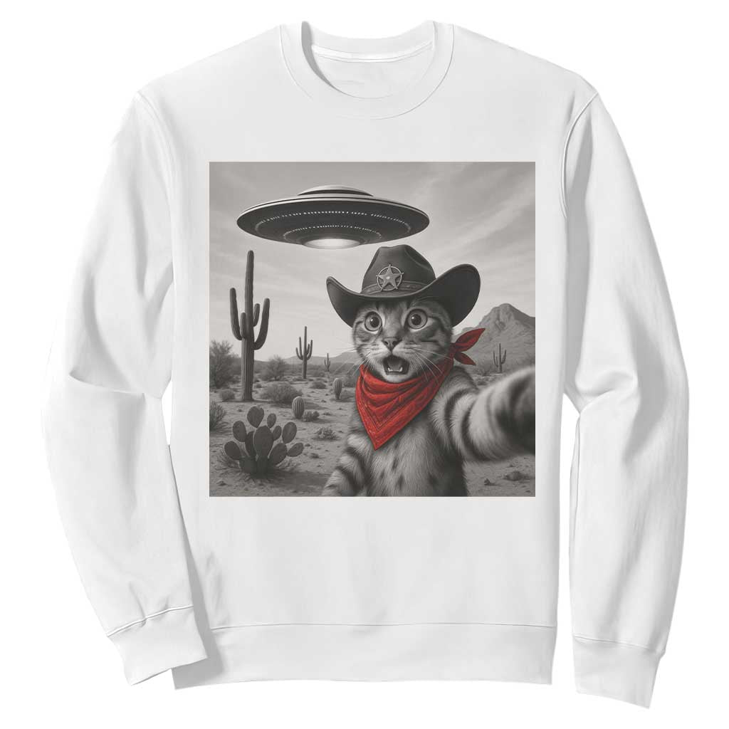 Vintage UFO Cowboy Cat Sweatshirt Retro 90s Western Rodeo Kitten Cat Selfie With Alien UFO TS10 White Print Your Wear