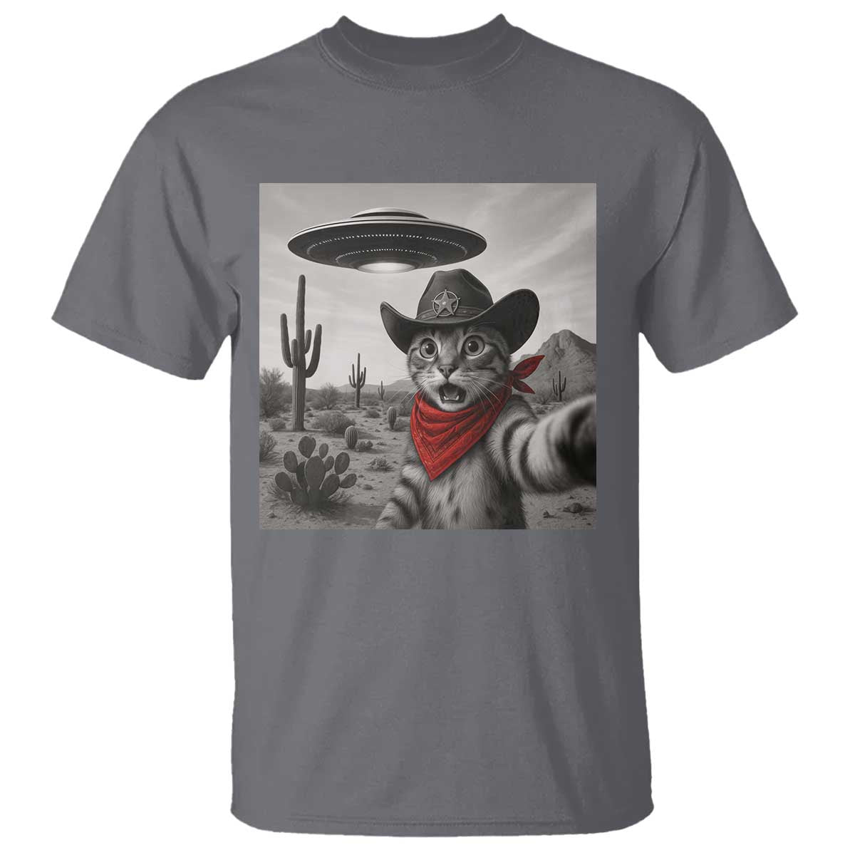 Vintage UFO Cowboy Cat T Shirt Retro 90s Western Rodeo Kitten Cat Selfie With Alien UFO TS10 Charcoal Print Your Wear
