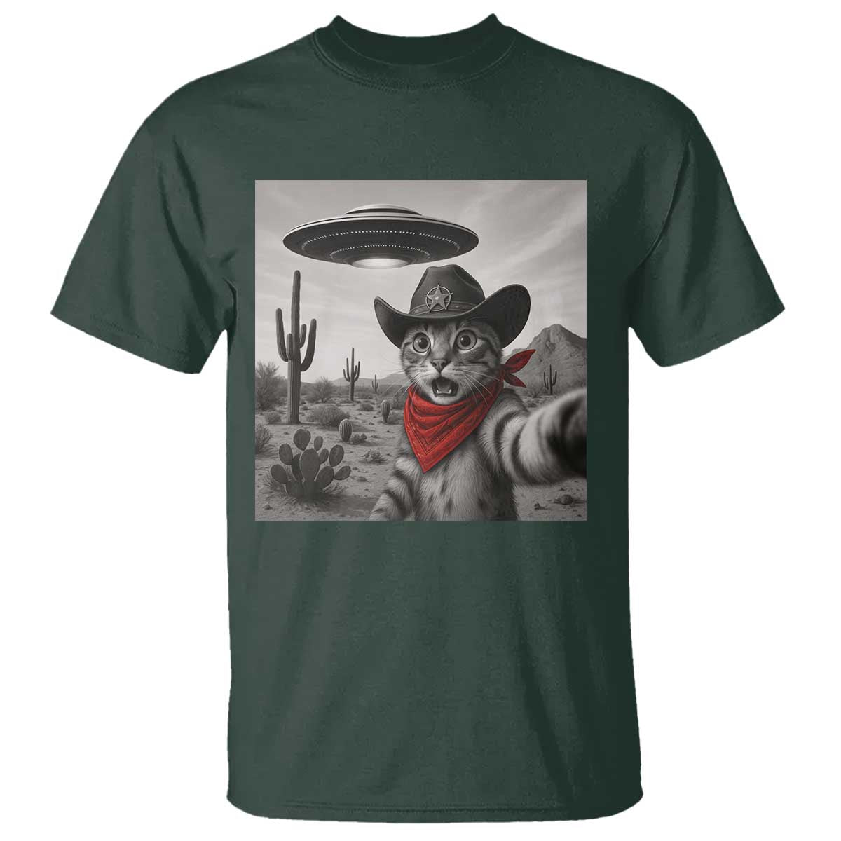 Vintage UFO Cowboy Cat T Shirt Retro 90s Western Rodeo Kitten Cat Selfie With Alien UFO TS10 Dark Forest Green Print Your Wear