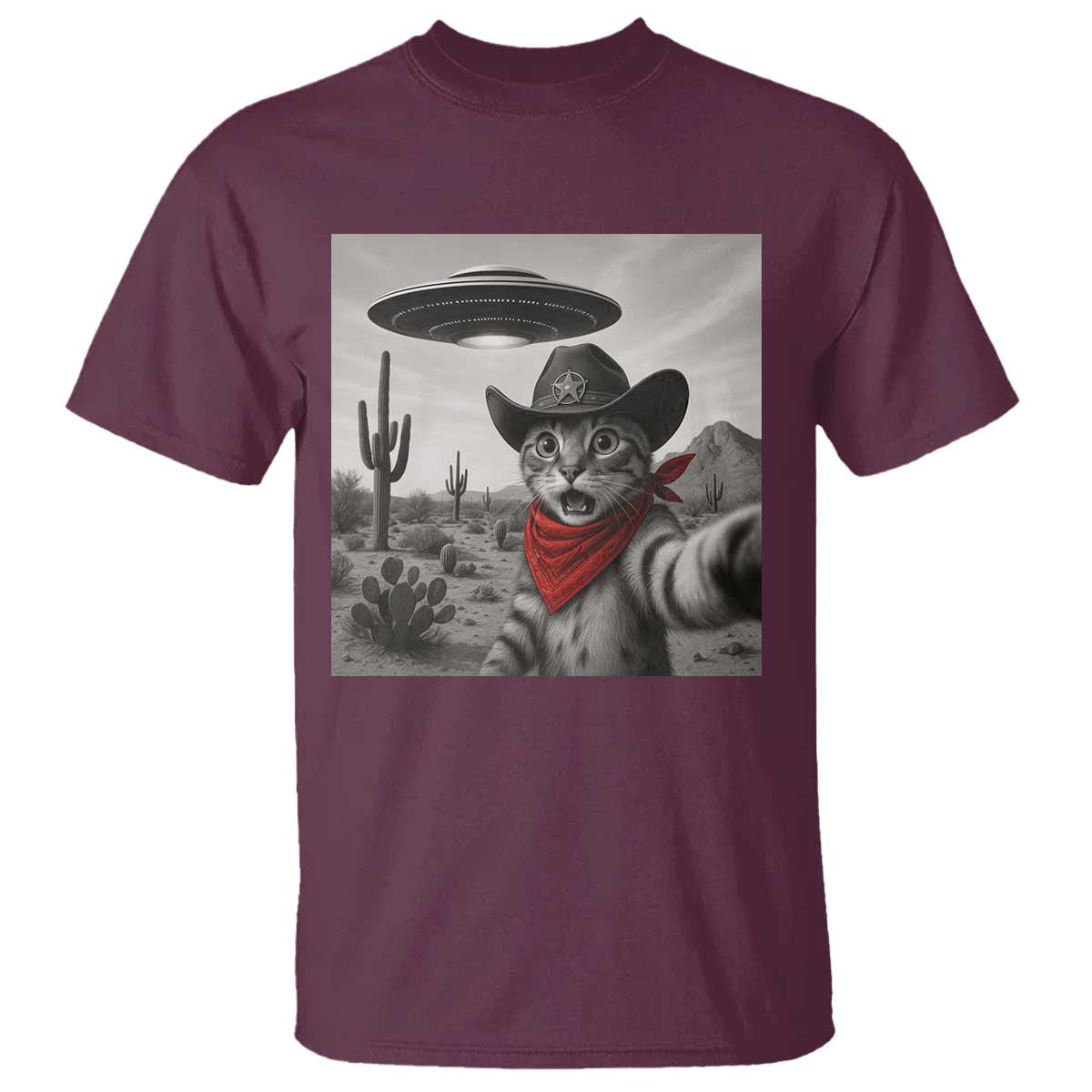 Vintage UFO Cowboy Cat T Shirt Retro 90s Western Rodeo Kitten Cat Selfie With Alien UFO TS10 Maroon Print Your Wear