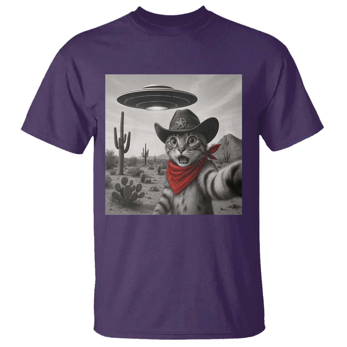 Vintage UFO Cowboy Cat T Shirt Retro 90s Western Rodeo Kitten Cat Selfie With Alien UFO TS10 Purple Print Your Wear