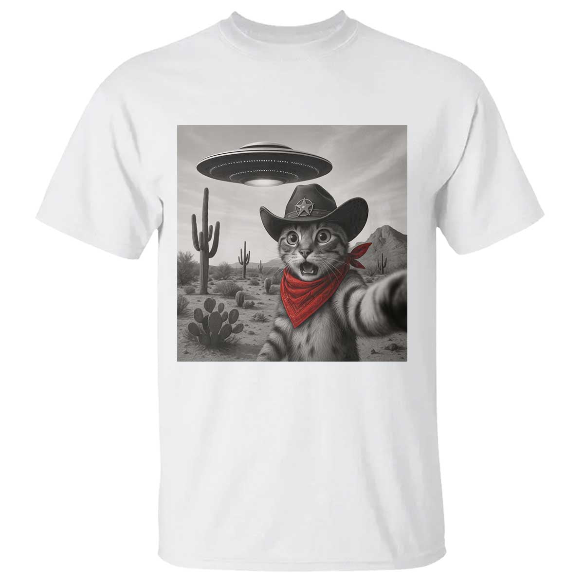 Vintage UFO Cowboy Cat T Shirt Retro 90s Western Rodeo Kitten Cat Selfie With Alien UFO TS10 White Print Your Wear