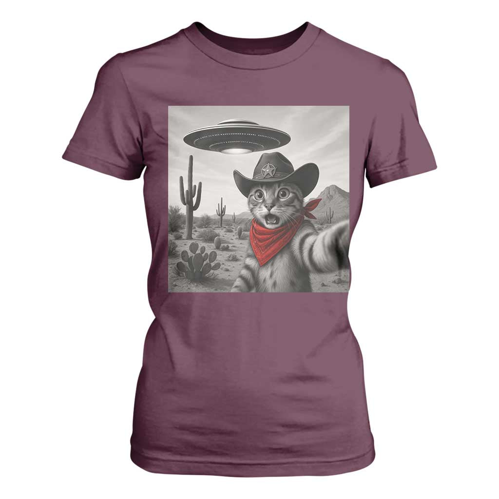 Vintage UFO Cowboy Cat T Shirt For Women Retro 90s Western Rodeo Kitten Cat Selfie With Alien UFO TS10 Maroon Print Your Wear