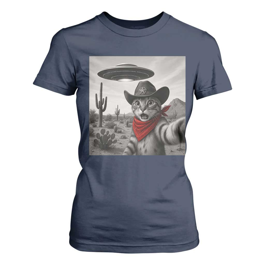 Vintage UFO Cowboy Cat T Shirt For Women Retro 90s Western Rodeo Kitten Cat Selfie With Alien UFO TS10 Navy Print Your Wear