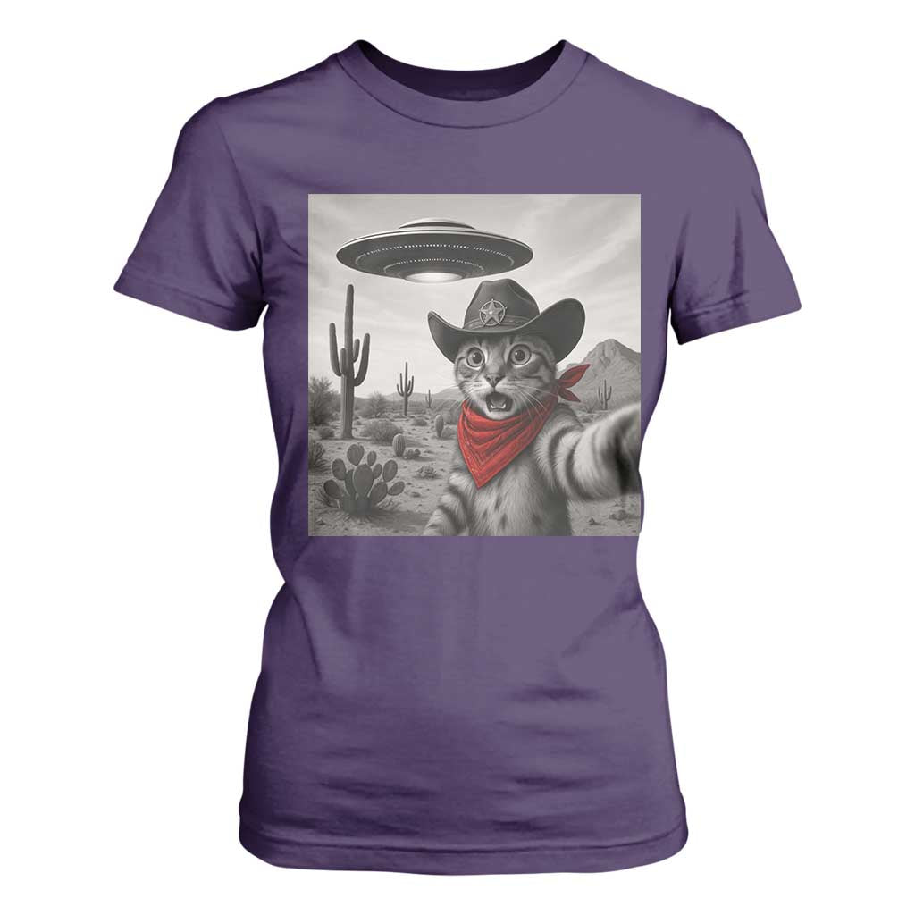Vintage UFO Cowboy Cat T Shirt For Women Retro 90s Western Rodeo Kitten Cat Selfie With Alien UFO TS10 Purple Print Your Wear