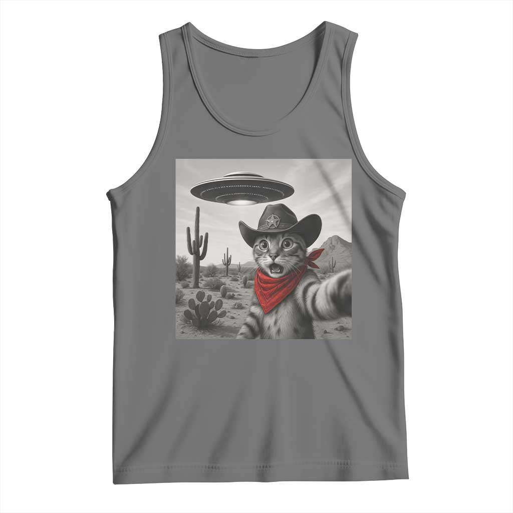 Vintage UFO Cowboy Cat Tank Top Retro 90s Western Rodeo Kitten Cat Selfie With Alien UFO TS10 Black Heather Print Your Wear
