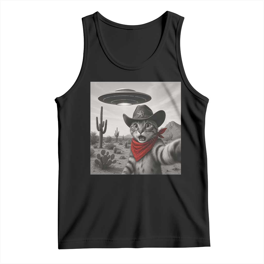 Vintage UFO Cowboy Cat Tank Top Retro 90s Western Rodeo Kitten Cat Selfie With Alien UFO TS10 Black Print Your Wear
