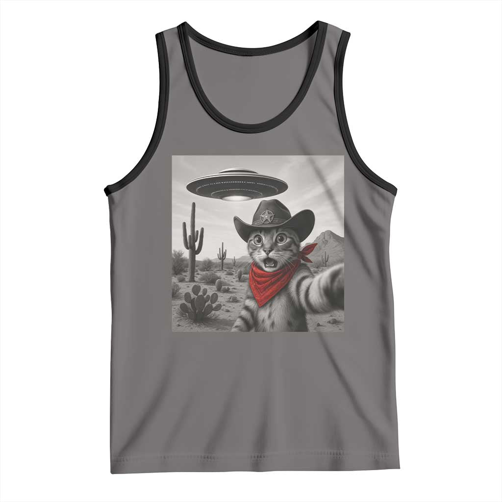 Vintage UFO Cowboy Cat Tank Top Retro 90s Western Rodeo Kitten Cat Selfie With Alien UFO TS10 Deep Heather Black Print Your Wear