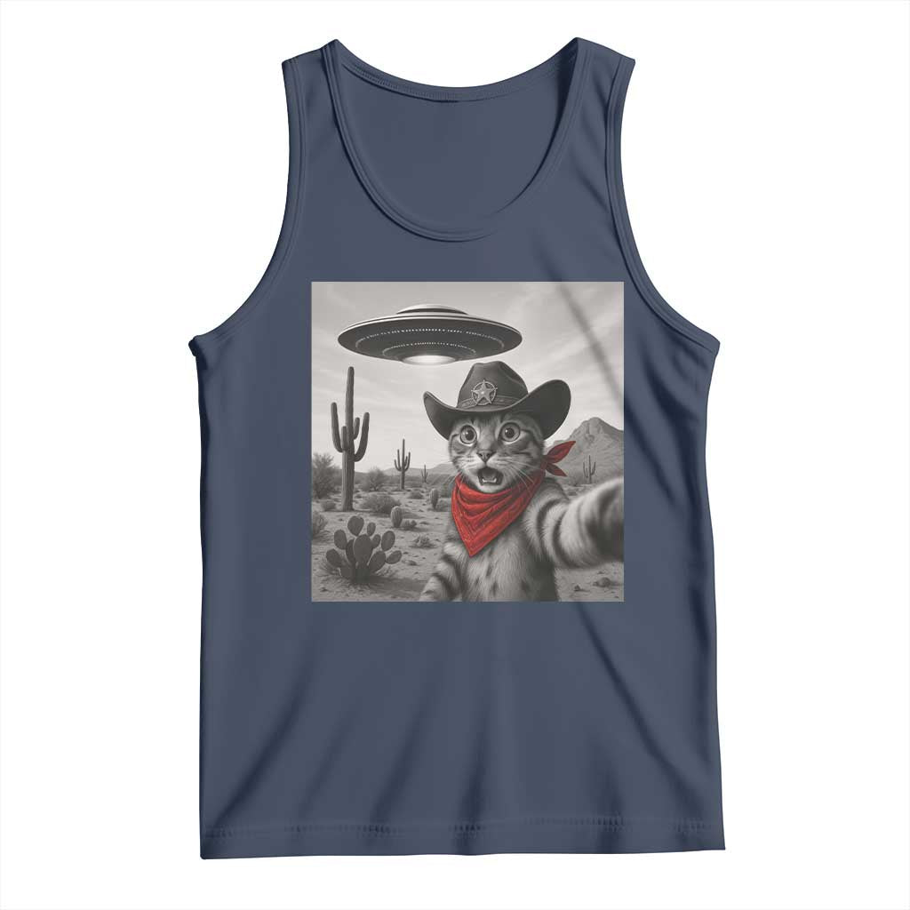 Vintage UFO Cowboy Cat Tank Top Retro 90s Western Rodeo Kitten Cat Selfie With Alien UFO TS10 Navy Print Your Wear