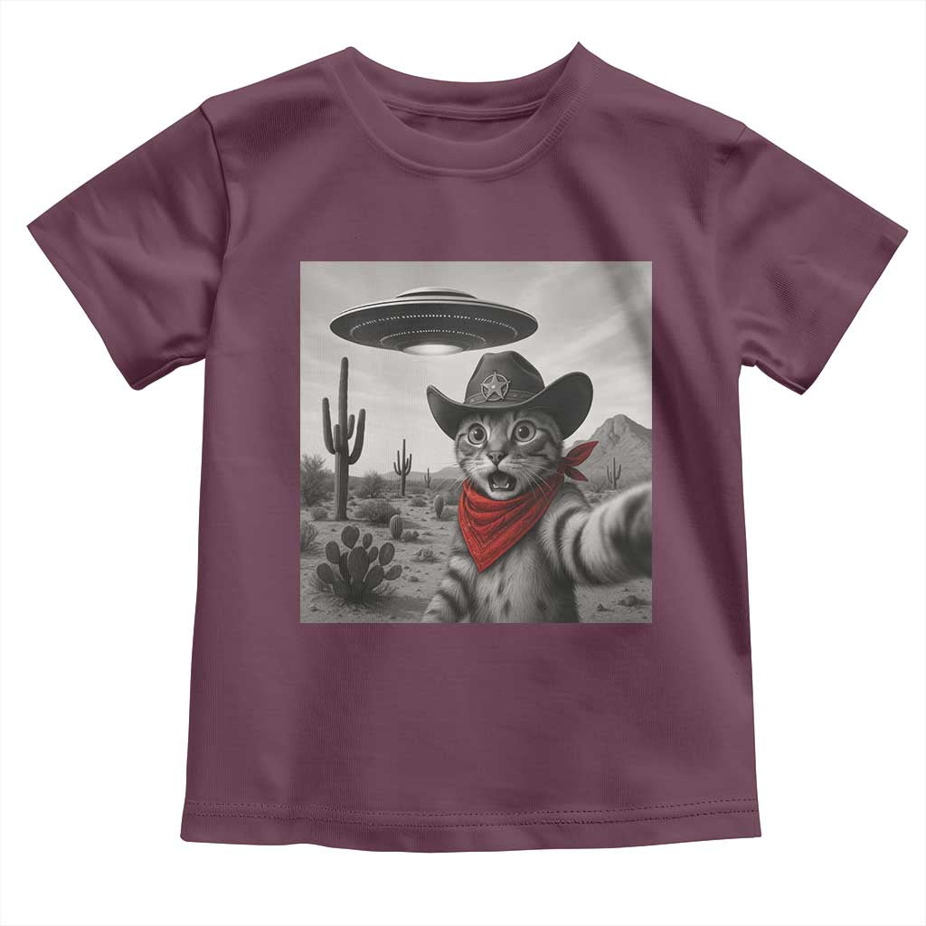 Vintage UFO Cowboy Cat Toddler T Shirt Retro 90s Western Rodeo Kitten Cat Selfie With Alien UFO TS10 Maroon Print Your Wear