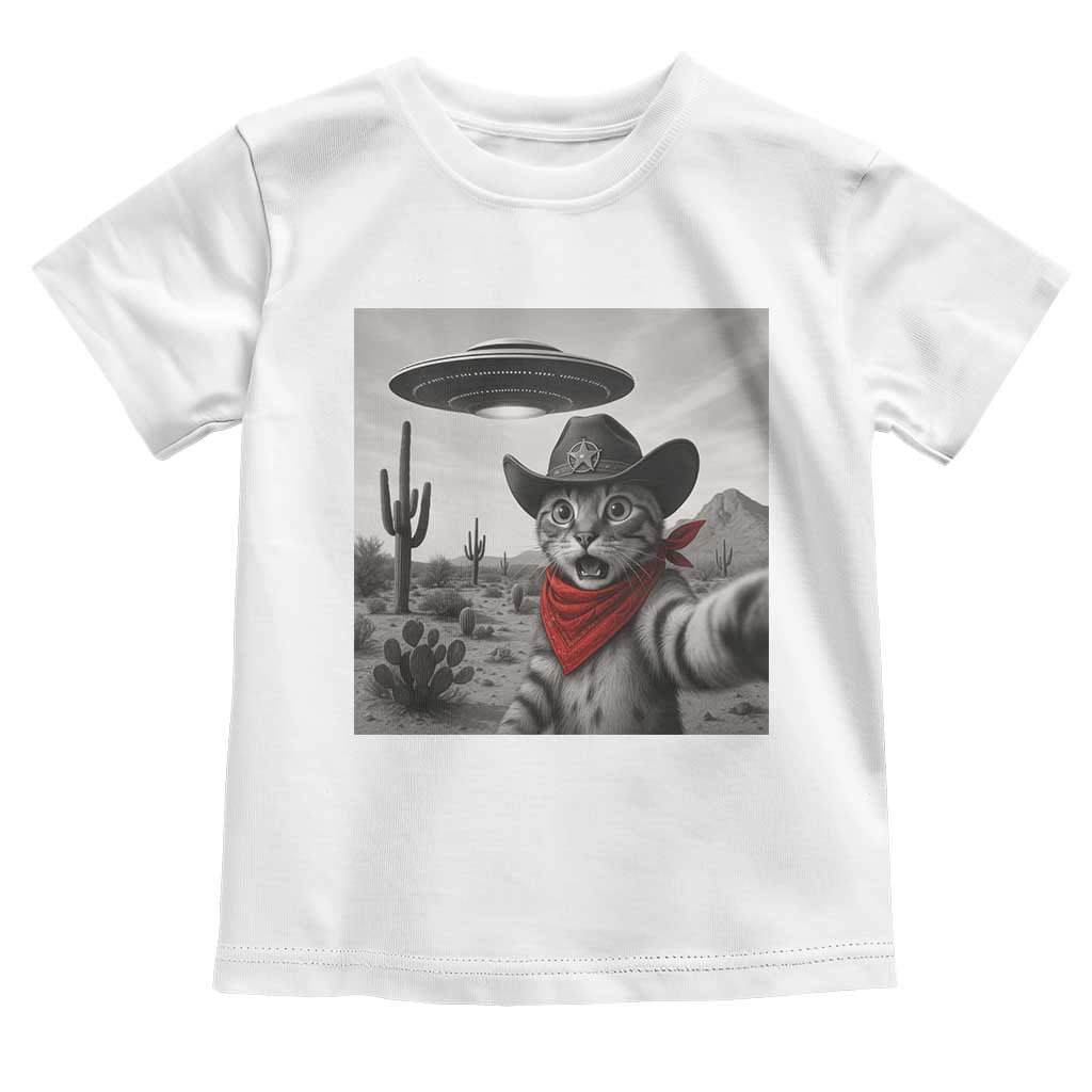 Vintage UFO Cowboy Cat Toddler T Shirt Retro 90s Western Rodeo Kitten Cat Selfie With Alien UFO TS10 White Print Your Wear