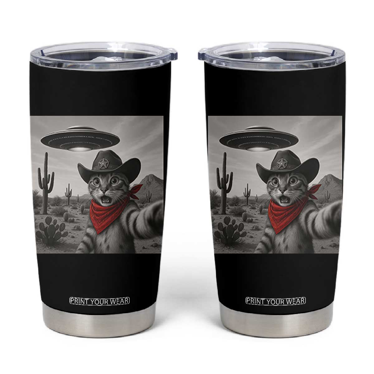 Vintage UFO Cowboy Cat Tumbler Cup Retro 90s Western Rodeo Kitten Cat Selfie With Alien UFO TS10 Black Print Your Wear