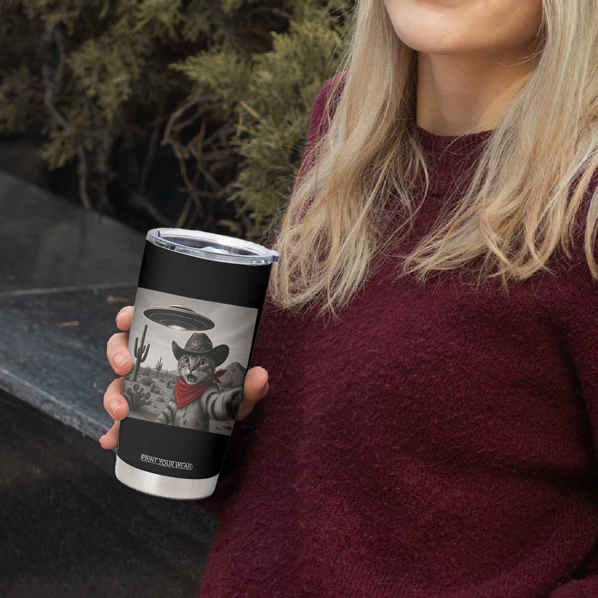 Vintage UFO Cowboy Cat Tumbler Cup Retro 90s Western Rodeo Kitten Cat Selfie With Alien UFO TS10 Print Your Wear