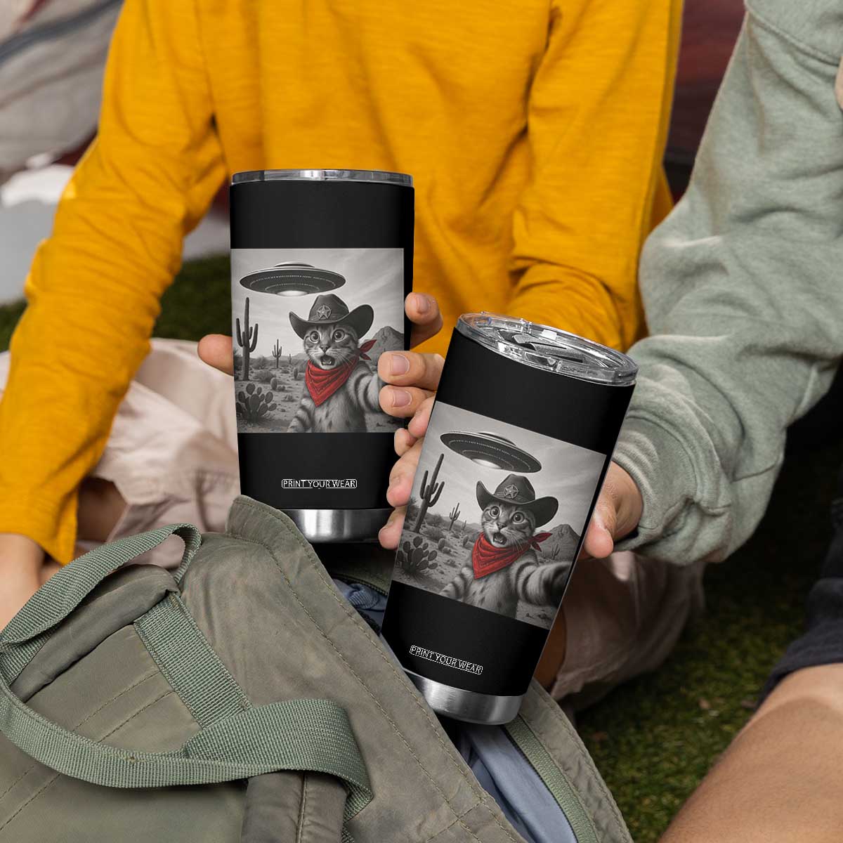 Vintage UFO Cowboy Cat Tumbler Cup Retro 90s Western Rodeo Kitten Cat Selfie With Alien UFO TS10 Print Your Wear