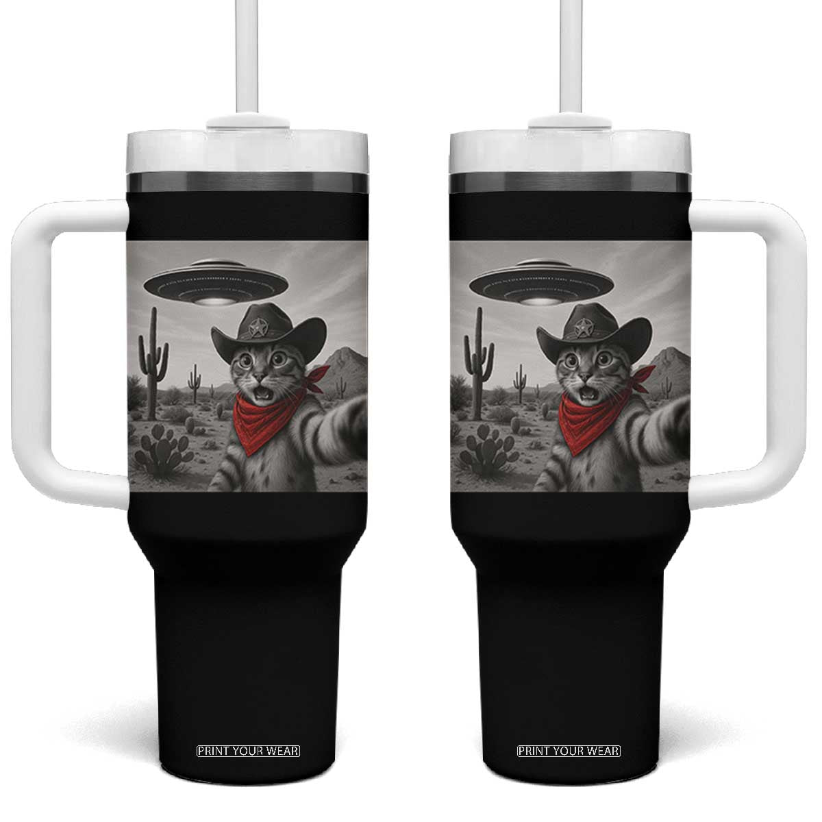 Vintage UFO Cowboy Cat Tumbler With Handle Retro 90s Western Rodeo Kitten Cat Selfie With Alien UFO TS10 One Size: 40 oz Black Print Your Wear