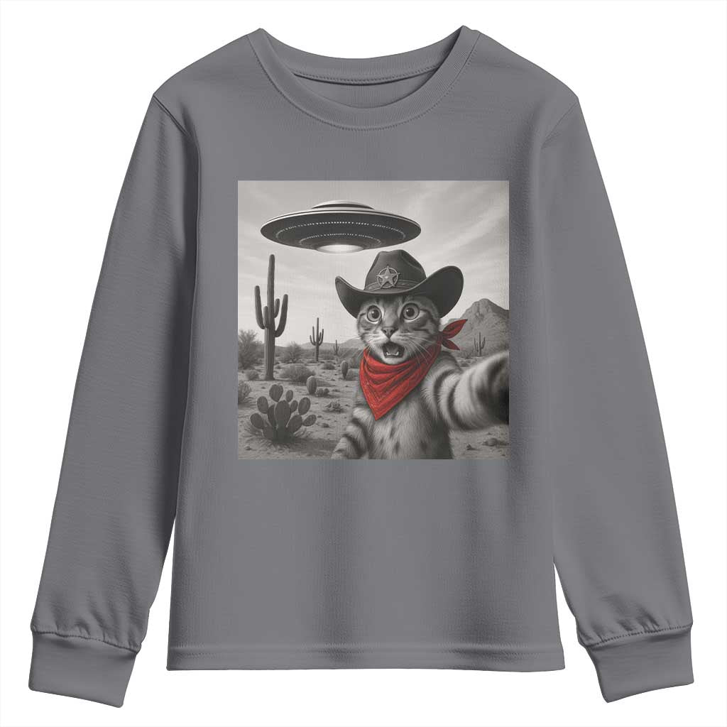 Vintage UFO Cowboy Cat Youth Sweatshirt Retro 90s Western Rodeo Kitten Cat Selfie With Alien UFO TS10 Charcoal Print Your Wear