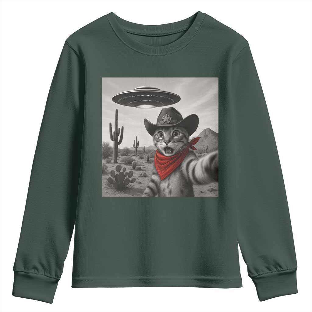 Vintage UFO Cowboy Cat Youth Sweatshirt Retro 90s Western Rodeo Kitten Cat Selfie With Alien UFO TS10 Dark Forest Green Print Your Wear