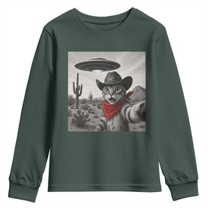 Vintage UFO Cowboy Cat Youth Sweatshirt Retro 90s Western Rodeo Kitten Cat Selfie With Alien UFO TS10 Dark Forest Green Print Your Wear