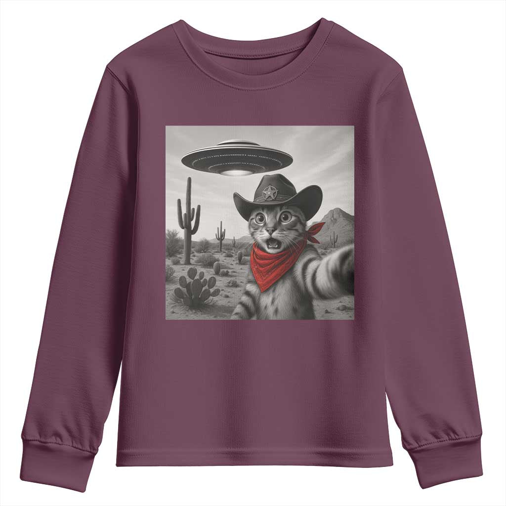 Vintage UFO Cowboy Cat Youth Sweatshirt Retro 90s Western Rodeo Kitten Cat Selfie With Alien UFO TS10 Maroon Print Your Wear