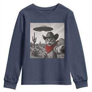 Vintage UFO Cowboy Cat Youth Sweatshirt Retro 90s Western Rodeo Kitten Cat Selfie With Alien UFO TS10 Navy Print Your Wear