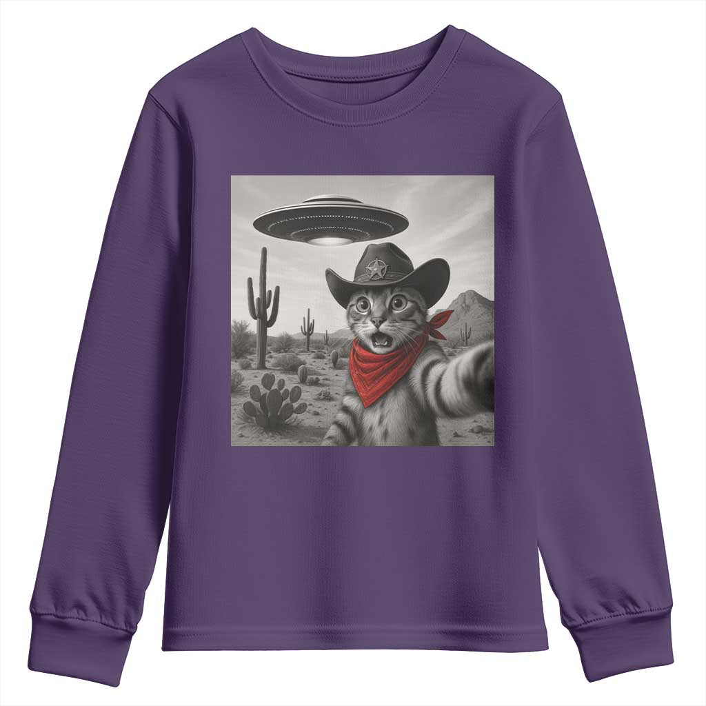 Vintage UFO Cowboy Cat Youth Sweatshirt Retro 90s Western Rodeo Kitten Cat Selfie With Alien UFO TS10 Purple Print Your Wear