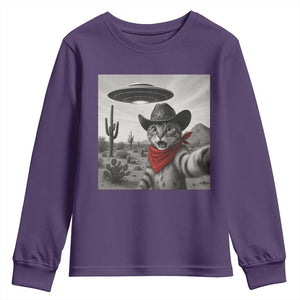 Vintage UFO Cowboy Cat Youth Sweatshirt Retro 90s Western Rodeo Kitten Cat Selfie With Alien UFO TS10 Purple Print Your Wear