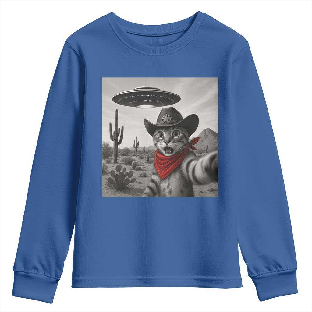 Vintage UFO Cowboy Cat Youth Sweatshirt Retro 90s Western Rodeo Kitten Cat Selfie With Alien UFO TS10 Royal Blue Print Your Wear