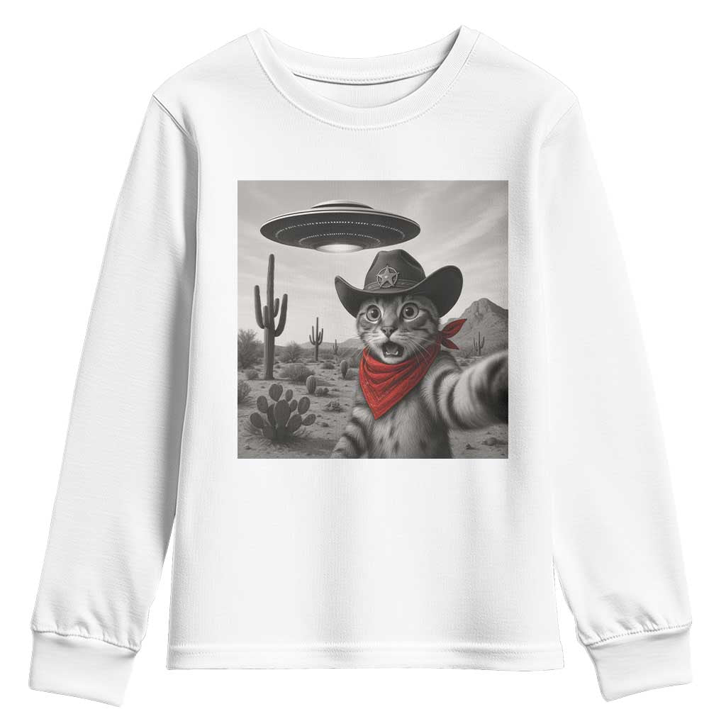 Vintage UFO Cowboy Cat Youth Sweatshirt Retro 90s Western Rodeo Kitten Cat Selfie With Alien UFO TS10 White Print Your Wear