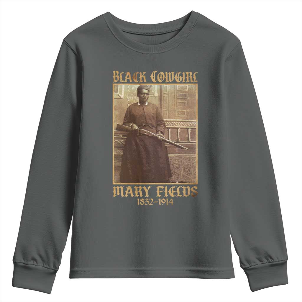 Mary Fields Black Cowgirl Youth Sweatshirt Vintage African American Western Black History TS10 Dark Heather Print Your Wear