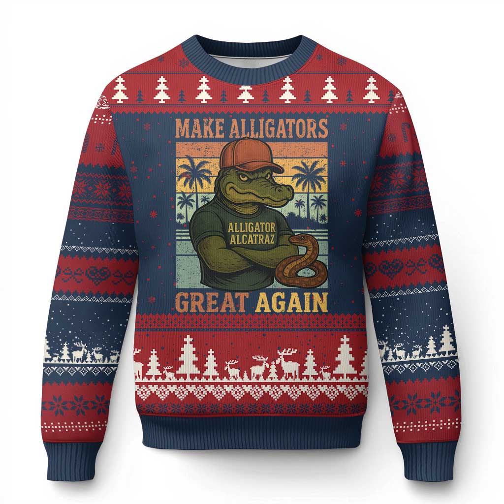 Retro Alligator Alcatraz Ugly Christmas Sweater Funny Florida Everglades Dark Humor TS10 Navy Red Print Your Wear