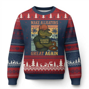 Retro Alligator Alcatraz Ugly Christmas Sweater Funny Florida Everglades Dark Humor TS10 Navy Red Print Your Wear