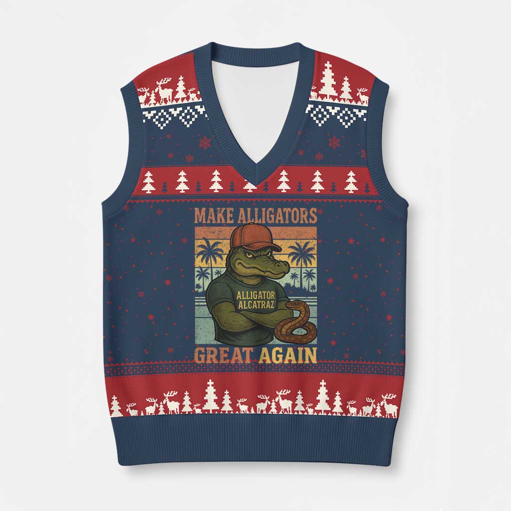 Retro Alligator Alcatraz V-Neck Knit Sweater Vest Funny Florida Everglades Dark Humor TS10 Navy Red Print Your Wear