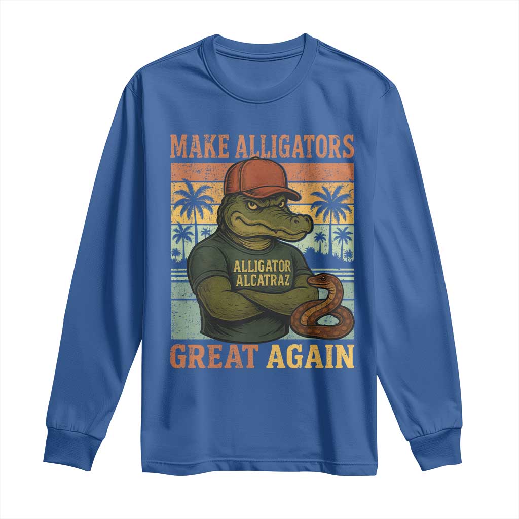 Retro Alligator Alcatraz Long Sleeve Shirt Funny Florida Everglades Dark Humor TS10 Royal Blue Print Your Wear