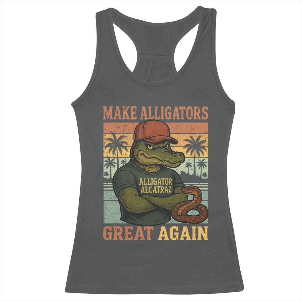 Retro Alligator Alcatraz Racerback Tank Top Funny Florida Everglades Dark Humor TS10 Dark Heather Print Your Wear