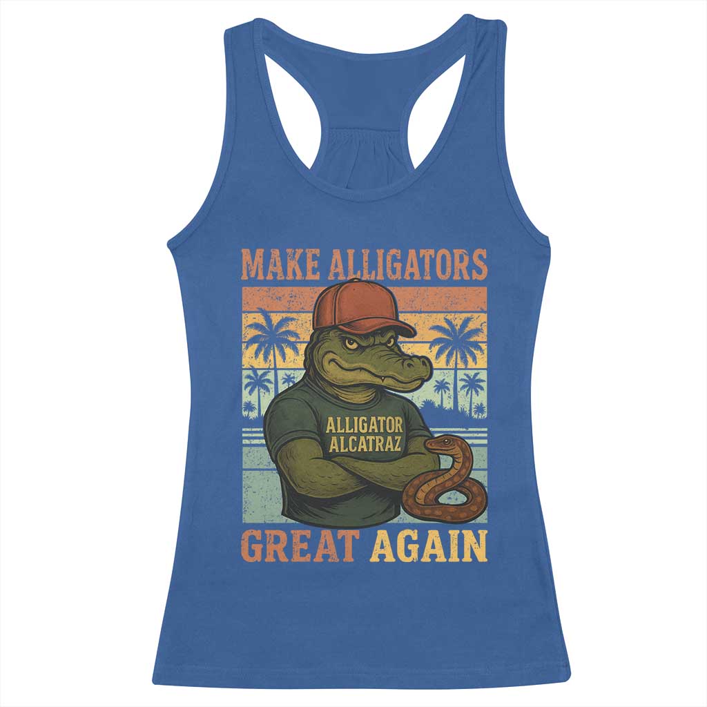 Retro Alligator Alcatraz Racerback Tank Top Funny Florida Everglades Dark Humor TS10 Royal Blue Print Your Wear
