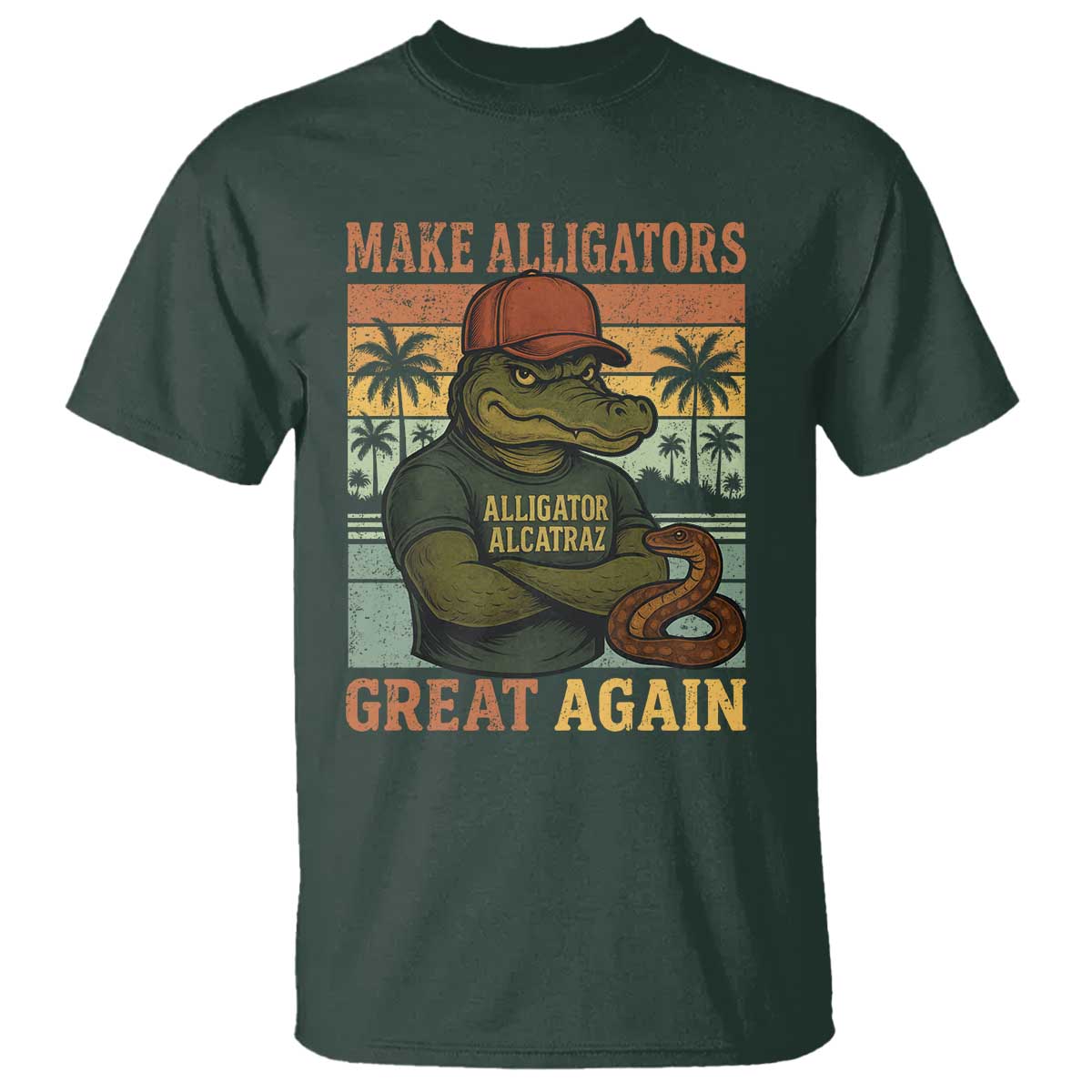Retro Alligator Alcatraz T Shirt Funny Florida Everglades Dark Humor TS10 Dark Forest Green Print Your Wear