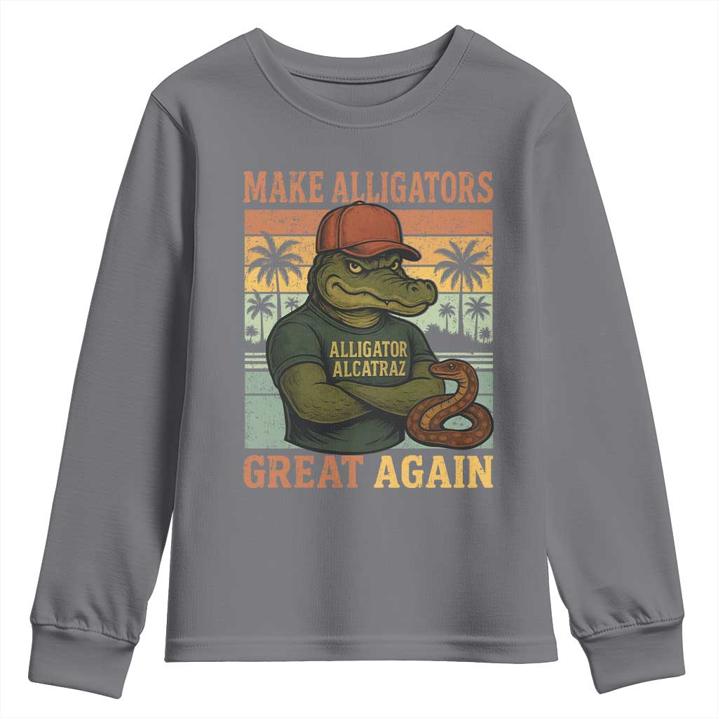 Retro Alligator Alcatraz Youth Sweatshirt Funny Florida Everglades Dark Humor TS10 Charcoal Print Your Wear
