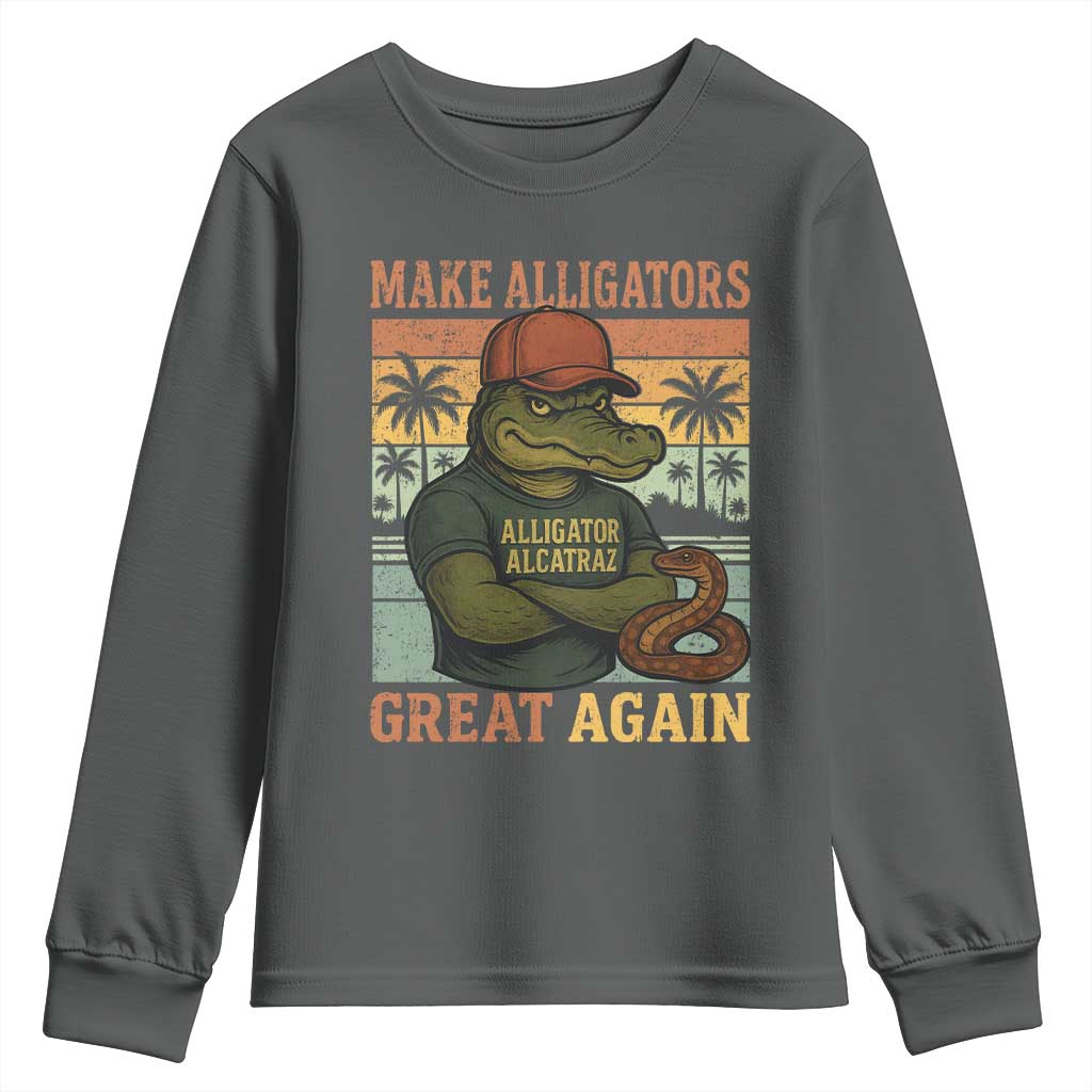 Retro Alligator Alcatraz Youth Sweatshirt Funny Florida Everglades Dark Humor TS10 Dark Heather Print Your Wear