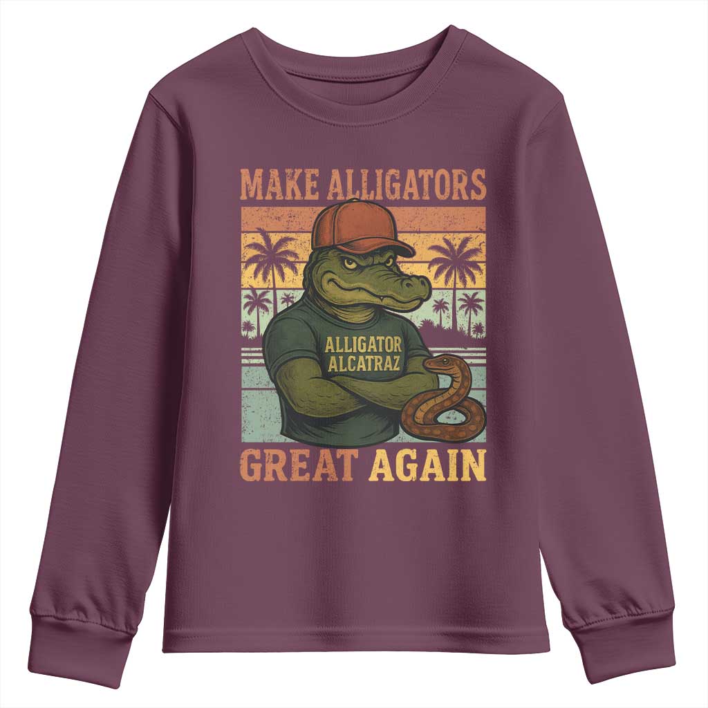 Retro Alligator Alcatraz Youth Sweatshirt Funny Florida Everglades Dark Humor TS10 Maroon Print Your Wear