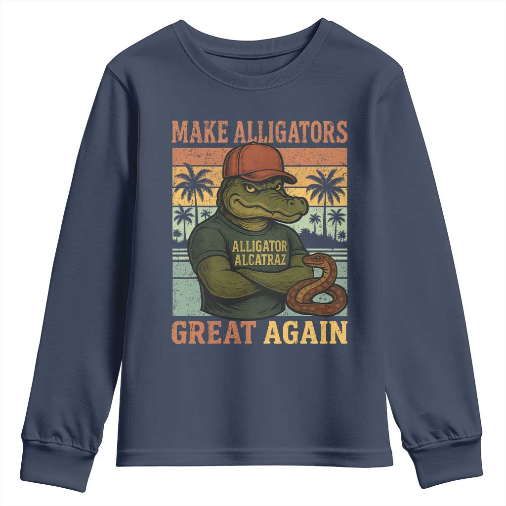 Retro Alligator Alcatraz Youth Sweatshirt Funny Florida Everglades Dark Humor TS10 Navy Print Your Wear