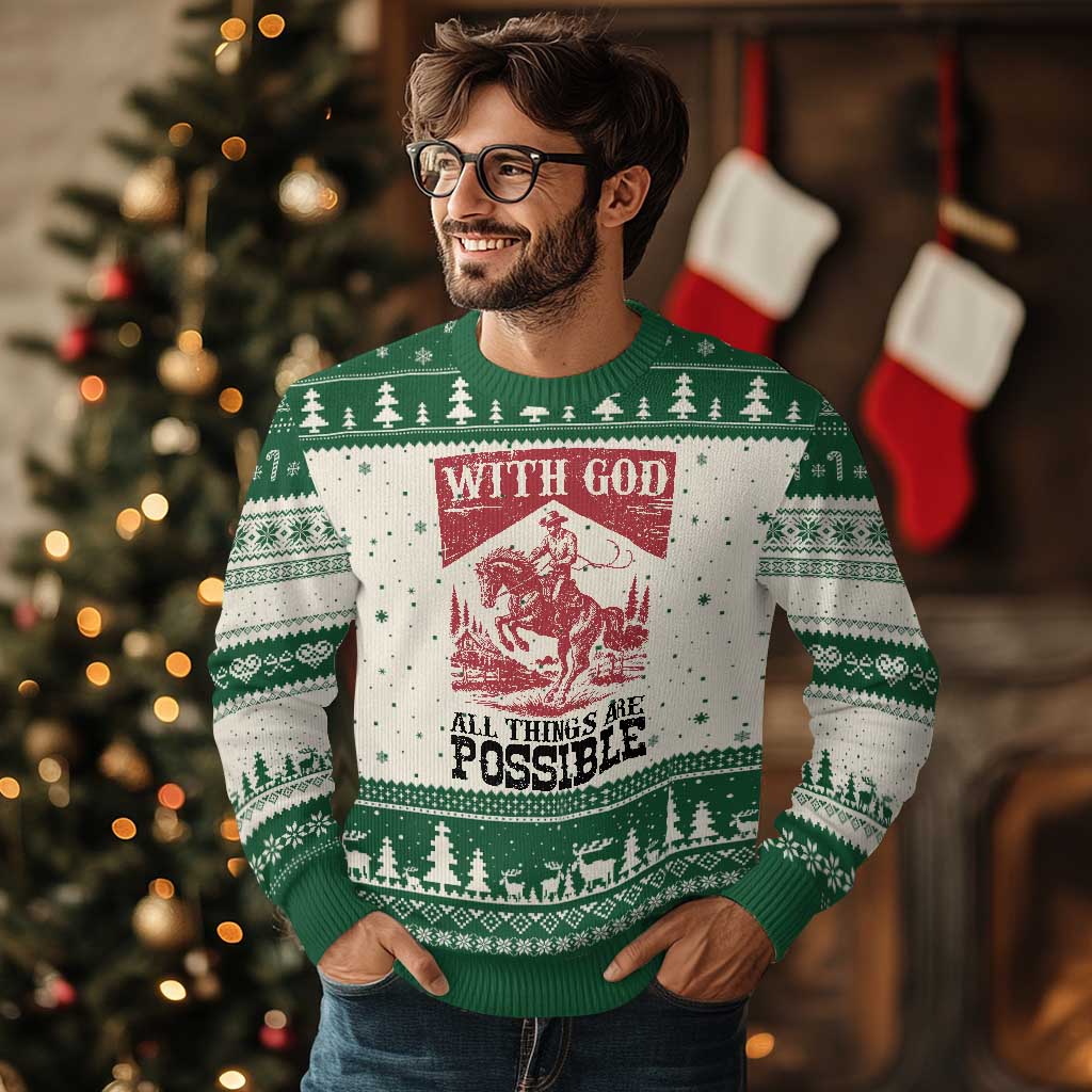 Christian Cowboy Ugly Christmas Sweater Vintage Christian All Things Are Possible Encouraging Bible Verse TS10 Beige Green Print Your Wear