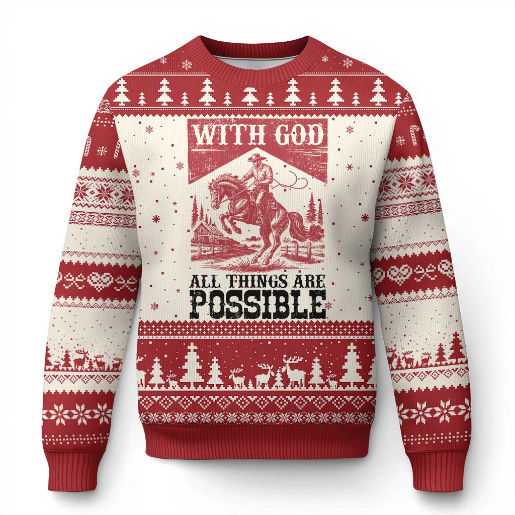 Christian Cowboy Ugly Christmas Sweater Vintage Christian All Things Are Possible Encouraging Bible Verse TS10 Beige Red Print Your Wear