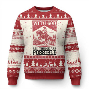 Christian Cowboy Ugly Christmas Sweater Vintage Christian All Things Are Possible Encouraging Bible Verse TS10 Beige Red Print Your Wear