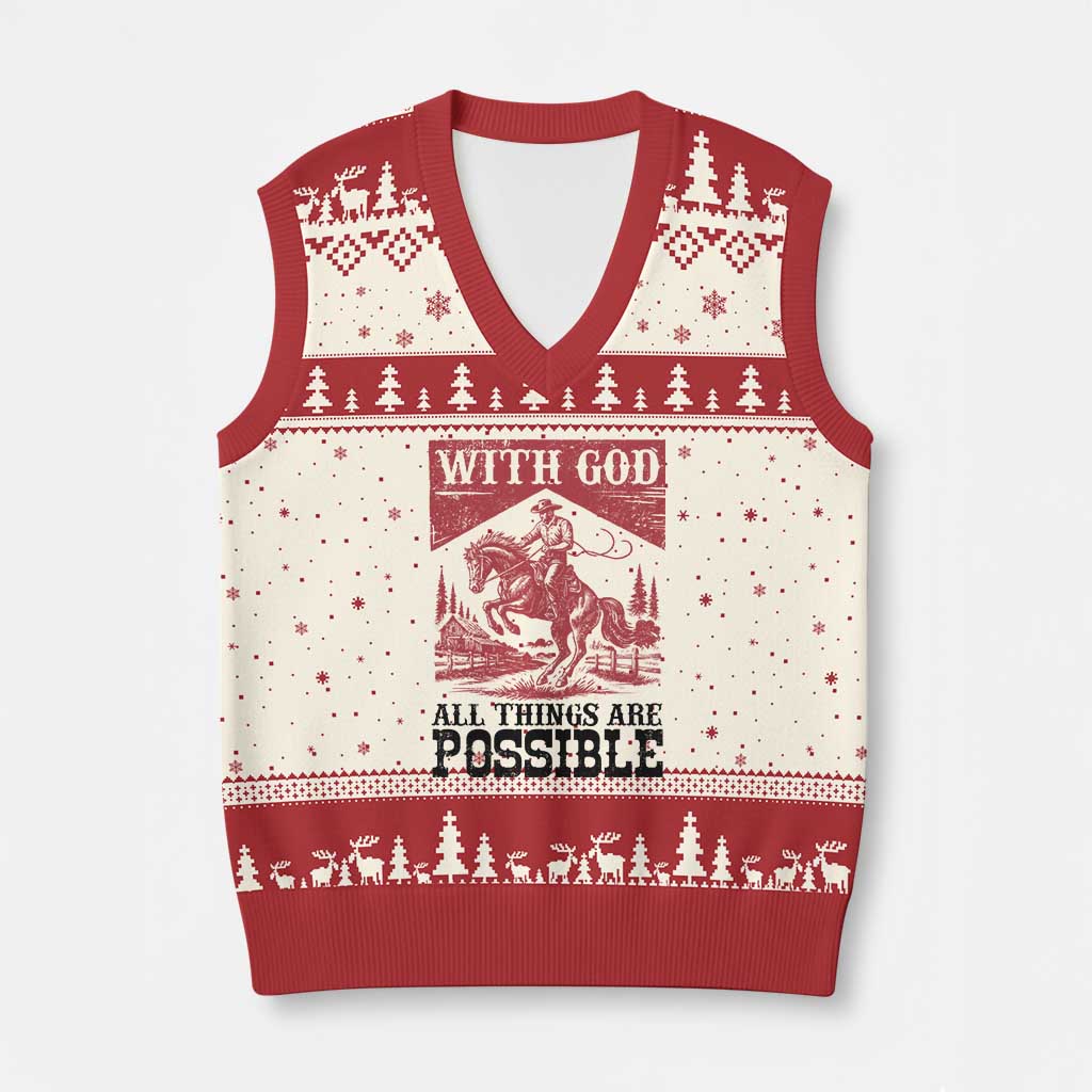 Christian Cowboy V-Neck Knit Sweater Vest Vintage Christian All Things Are Possible Encouraging Bible Verse TS10 Beige Red Print Your Wear