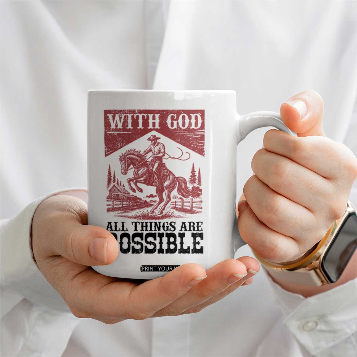 Christian Cowboy Coffee Mug Vintage Christian All Things Are Possible Encouraging Bible Verse TS10 Print Your Wear